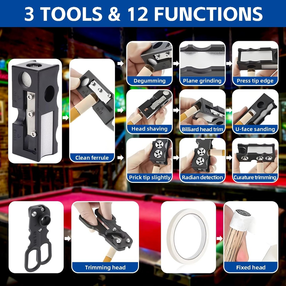 11in1 Pool Cue Tip Replacement Kit Shaper Repair Table Accessory Kit Pro