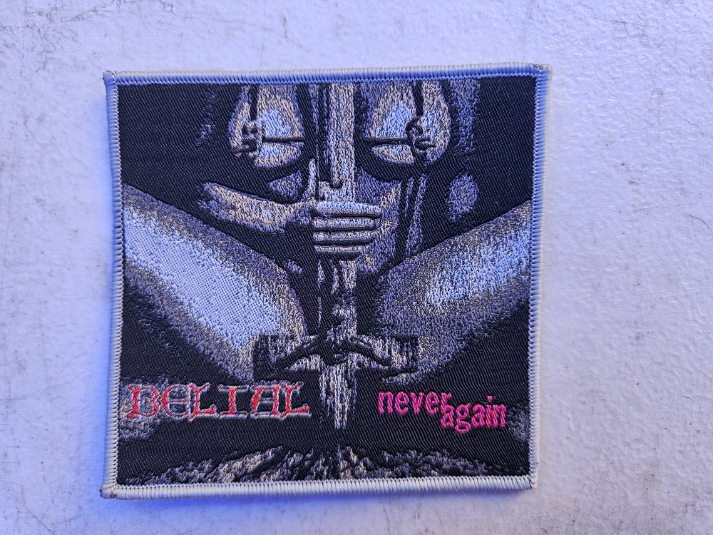 BELIAL, NEVER AGAIN, SEW ON GREY BORDER WOVEN PATCH