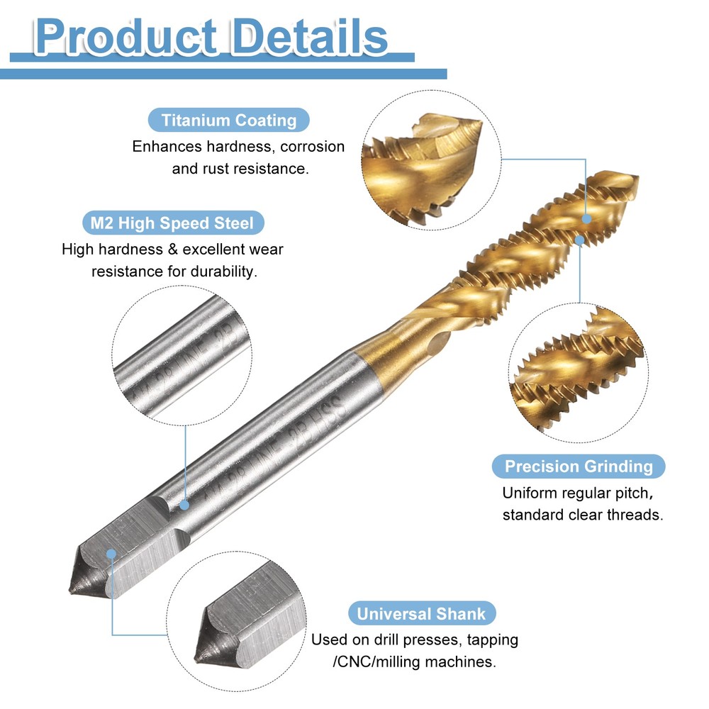 2pcs - Spiral Flute Thread Taps 1/4-28 UNF 2B Machine Threading Tap Bit Titanium