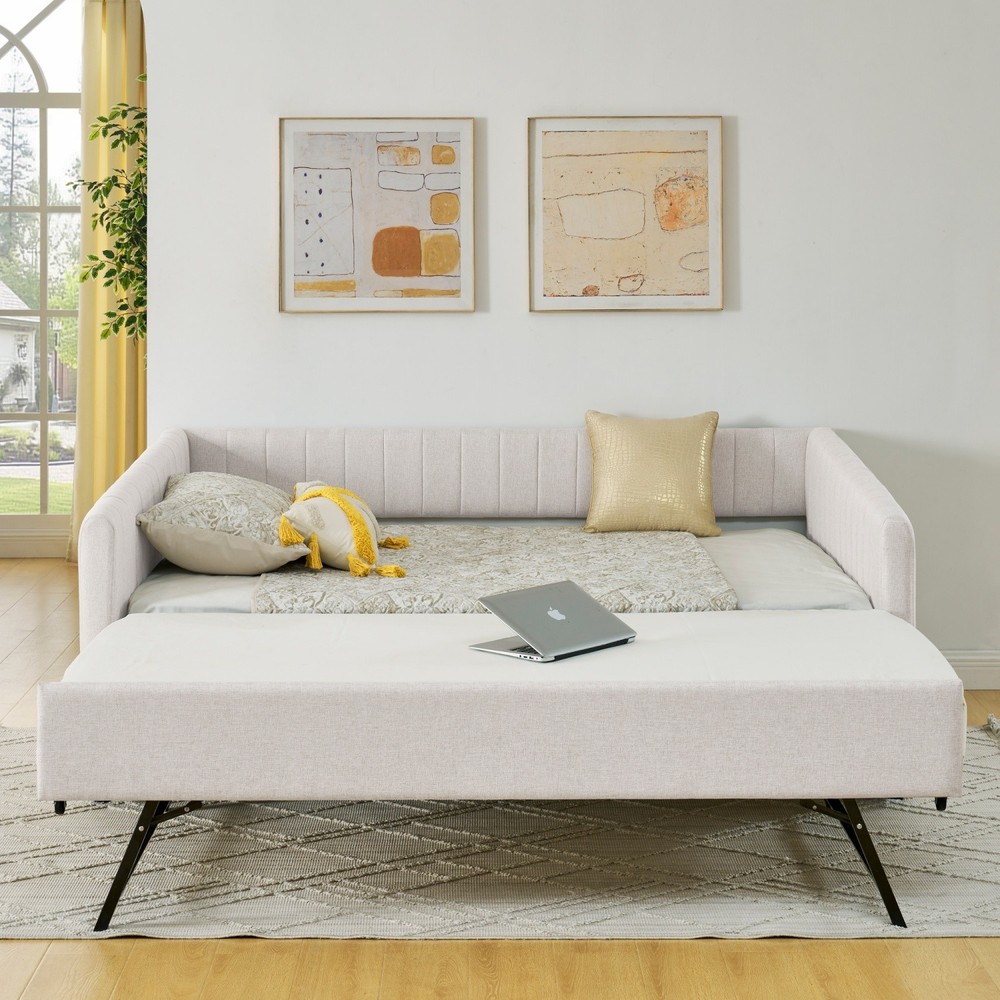 Full Daybed Modern Linen Upholstered Bed Frame Sofa Bed with Pull-Out Trundle