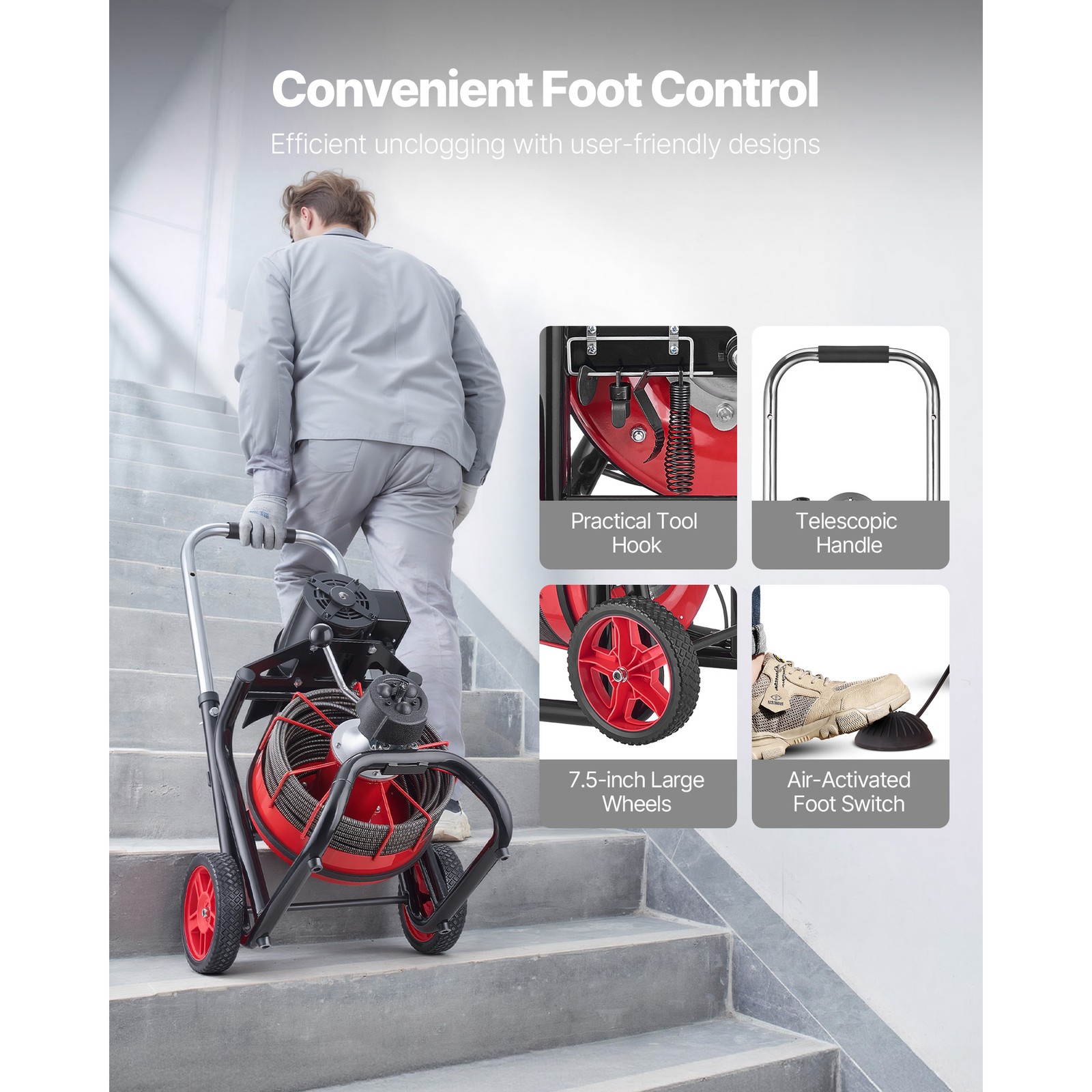 Uimoso Electric Drain Auger Machine with 100FT x 1/2 Inch Cable and Auto Feed