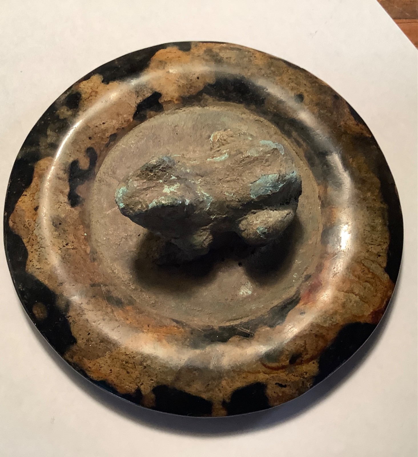 VERY OLD MING ? CHINESE ARTIFACT INCENSE CENSER LID BRONZE FROG JASPER STONE  BI