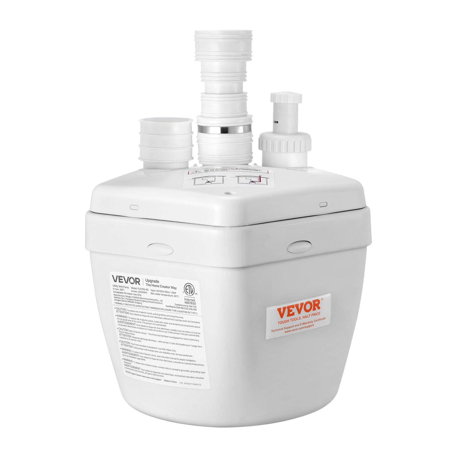 VEVOR Utility Sink Pump 1 HP 2200 GPH Under Sink Pump 36 ft with 3 Water Inlets