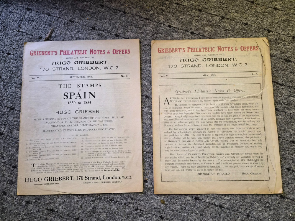 2 stamp publications.Hugo Griebert: Philatelic notes & offers . Sept & May 1919