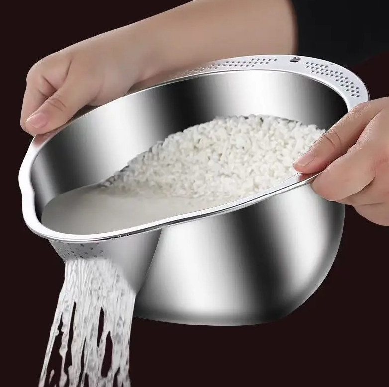1pc Stainless Steel Rice Washer & Strainer Bowl – 304 Steel Colander for Kitchen