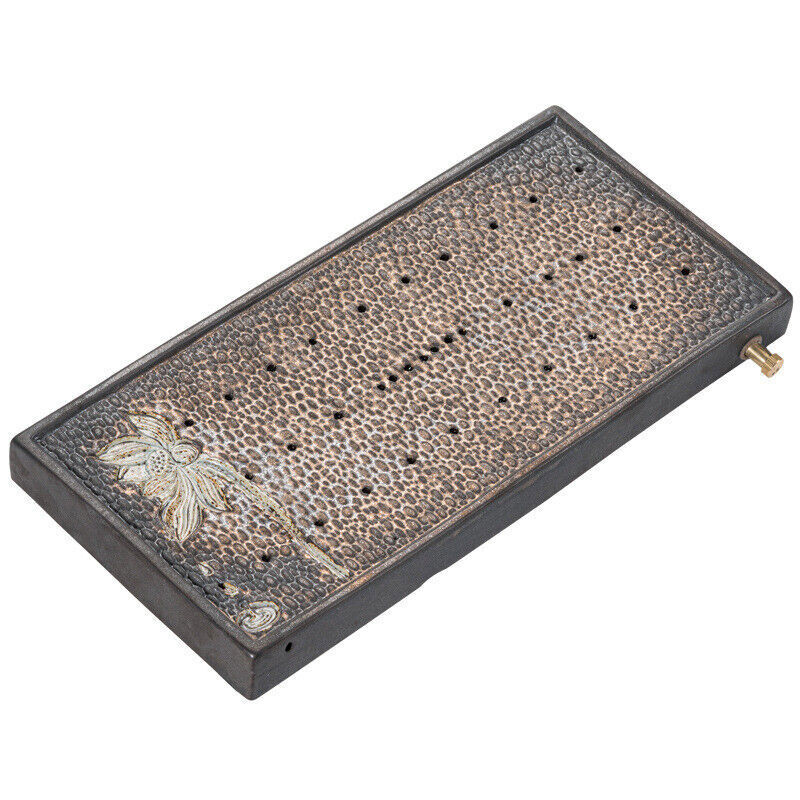 Lotus Engraved Rectangle Tea Tray Water Draining Reservoir Serving Tray Ceramic