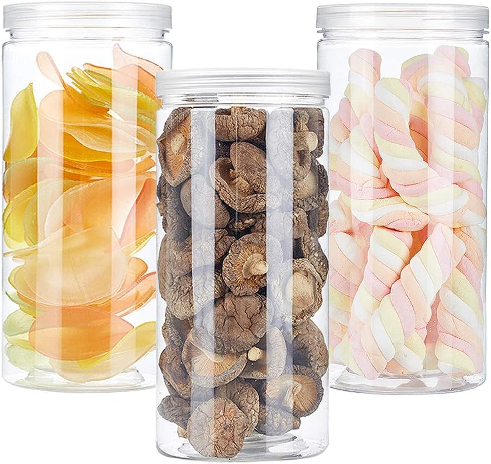 3 PCS 46OZ/1360ml Clear Plastic Round Storage Jars,Empty Plastic Jars W/