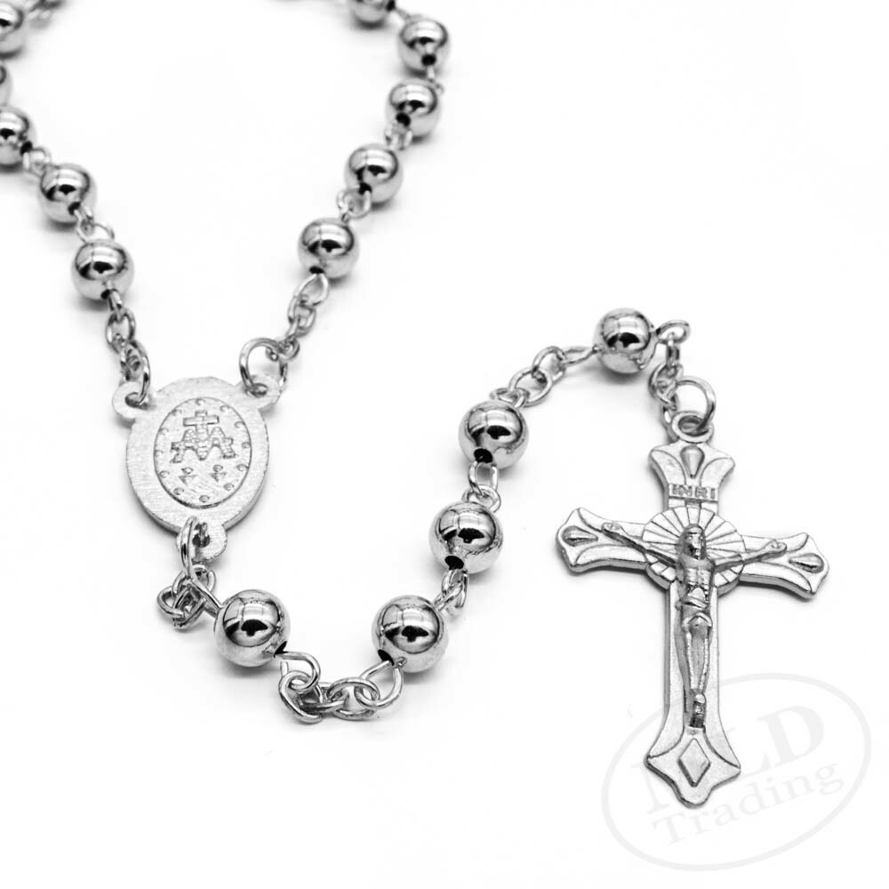 Silver Tone Metal Catholic Rosary Necklace 6mm Round Prayer Beads Virgin Mary