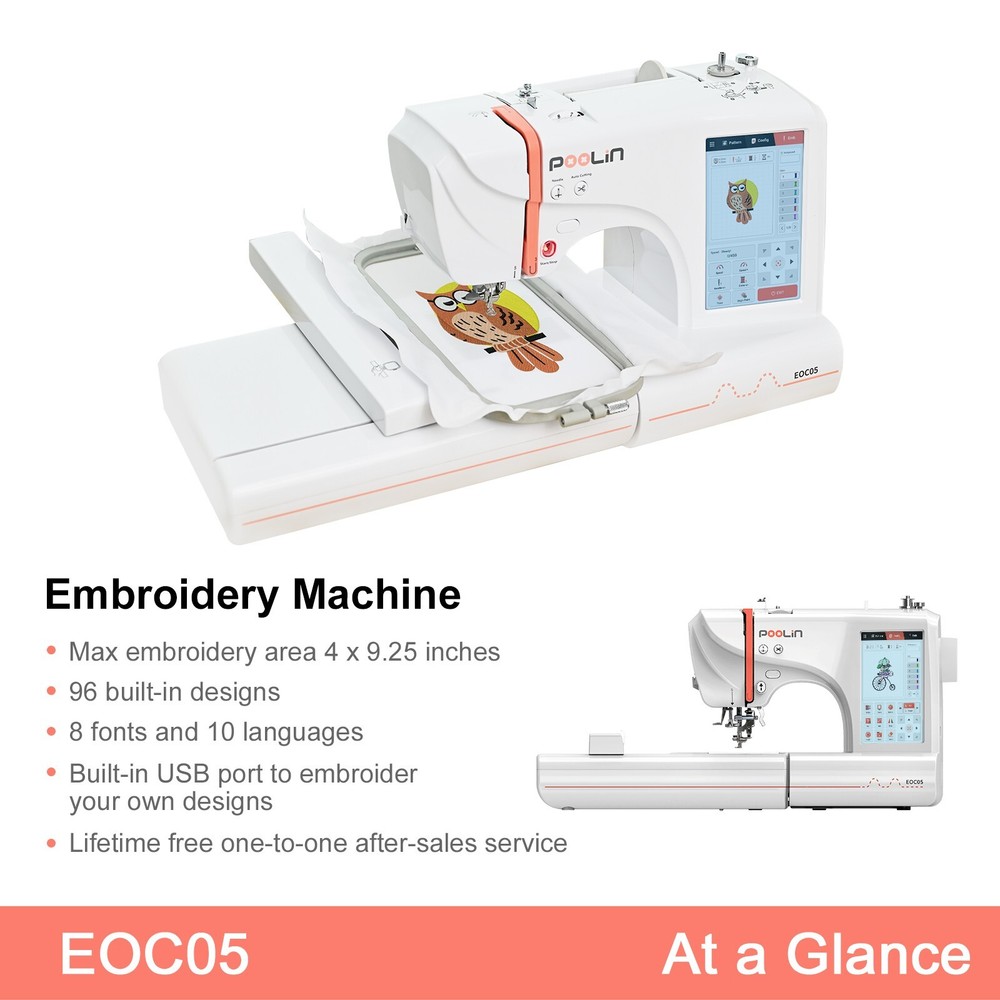 POOLIN EOC05 4 x 9in Embroidery Machine Computerized 7in Large LCD Touch Screen