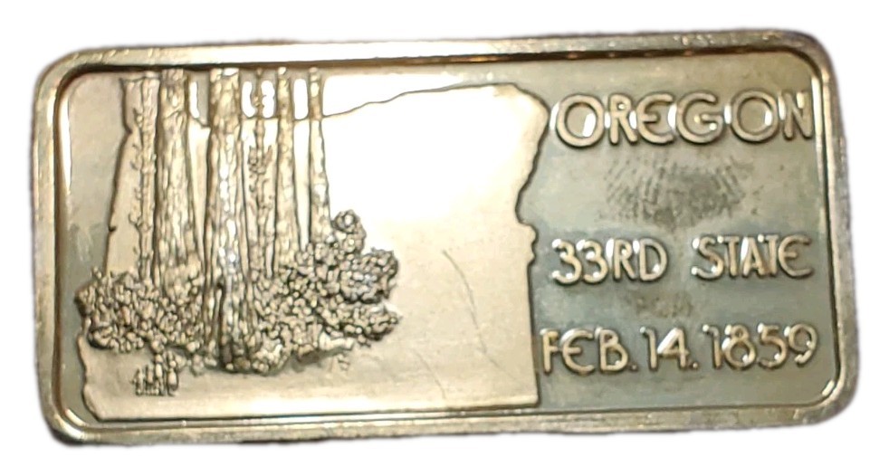 1 Oz Silver 33TH State OREGON Gilded Bar.