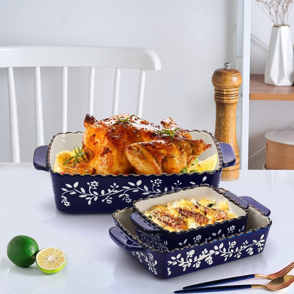 AVLA 3 Pack Ceramic Bakeware Set Porcelain Rectangular Baking Cobalt Blue
