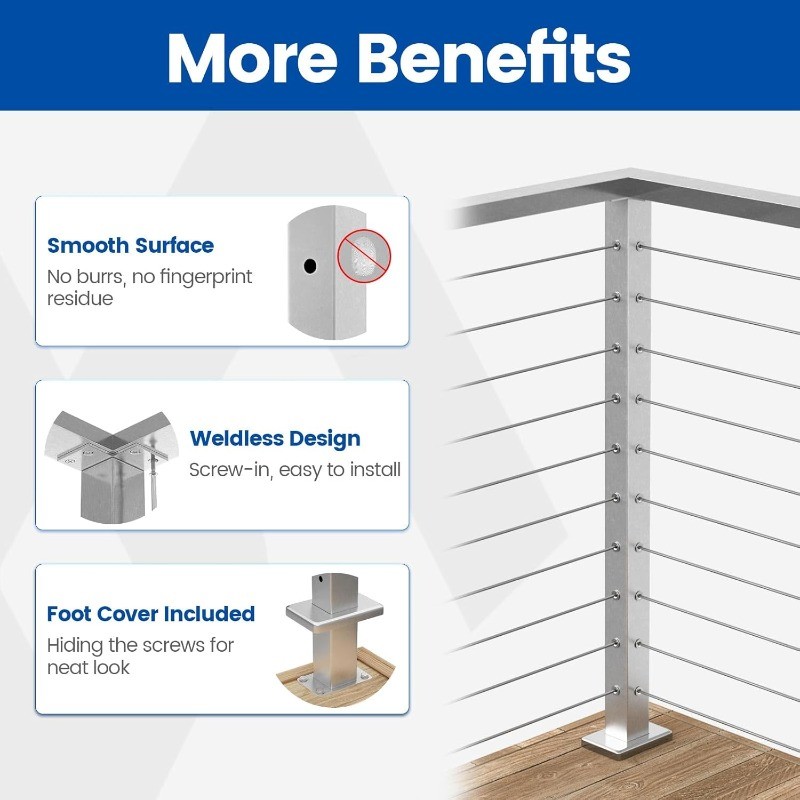 Corner Cable Railing Post T-drilled One-Post Corner Solution Surface Mount