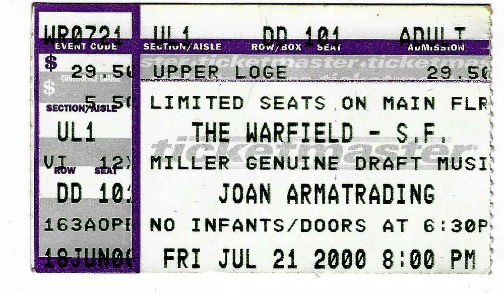 Joan Armatrading 7/21/00 San Francisco CA The Warfield Rare Ticket Stub