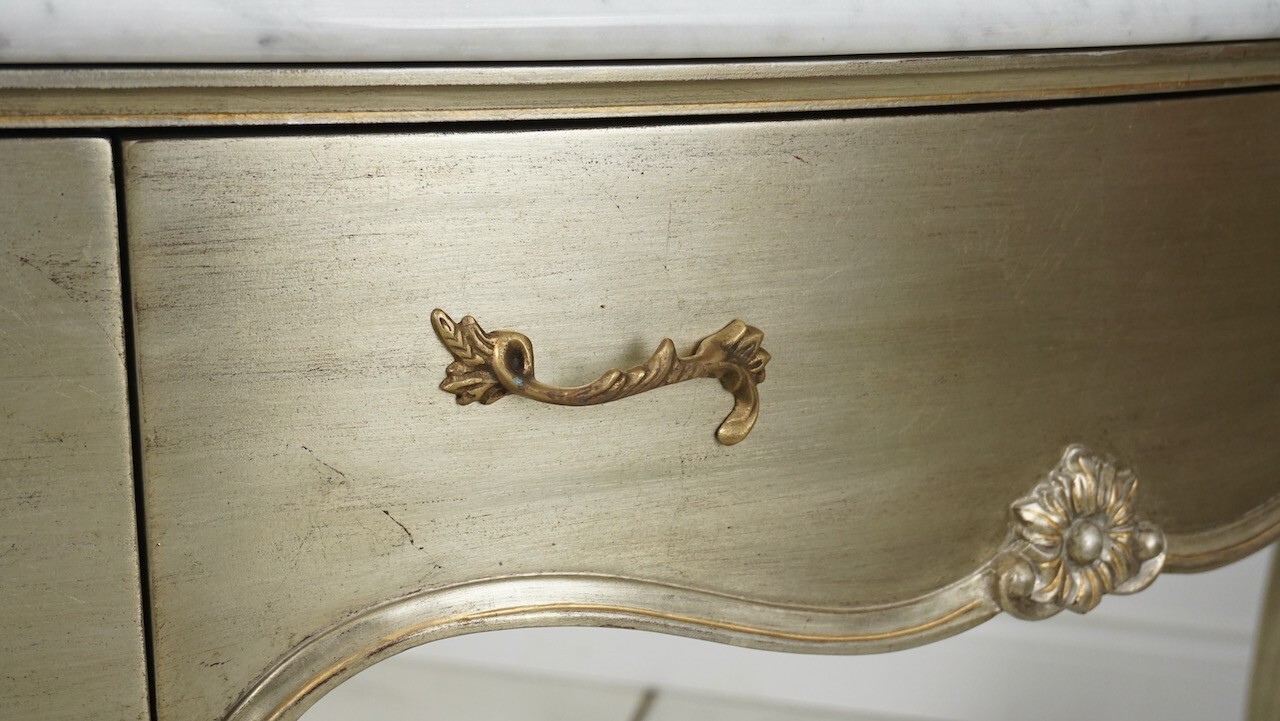 French Louis Vanity Make up Console Mahogany Silver Leaf White Marble