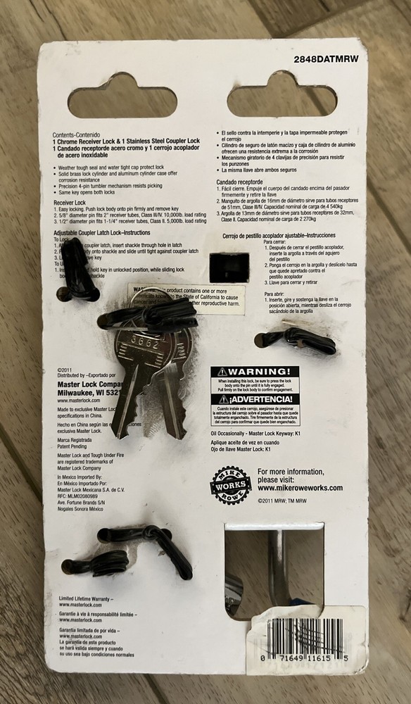 Master Lock 2848DAT Key Alike Set (2 keys) w/ Receiver & Coupler Latch Locks