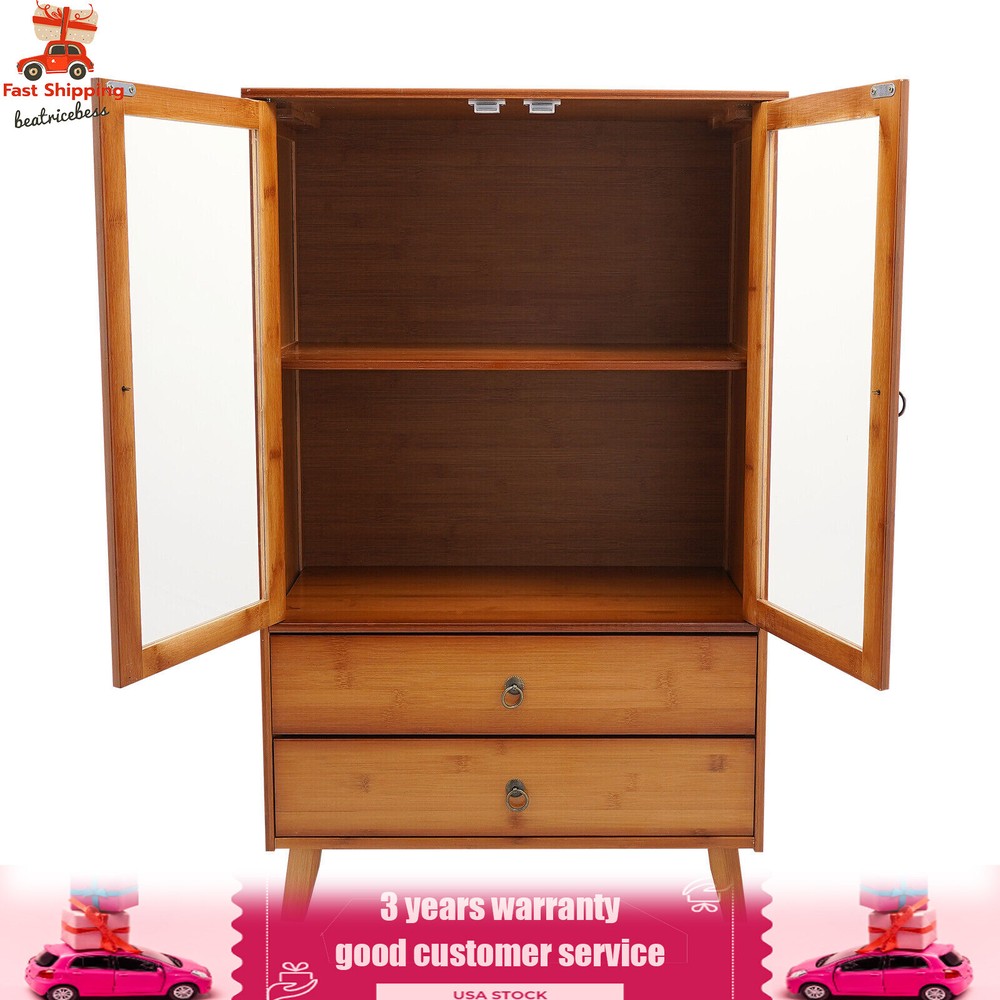 2-Compartments Bamboo Kitchen Sideboard Storage Organizer Cupboard Freestanding