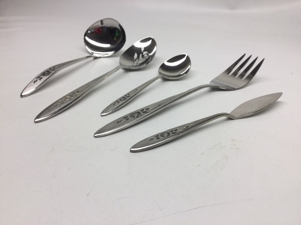 5 Piece Oneida Rose Shadow Stainless Flatware Pierced Fork Meat Fork Etc.