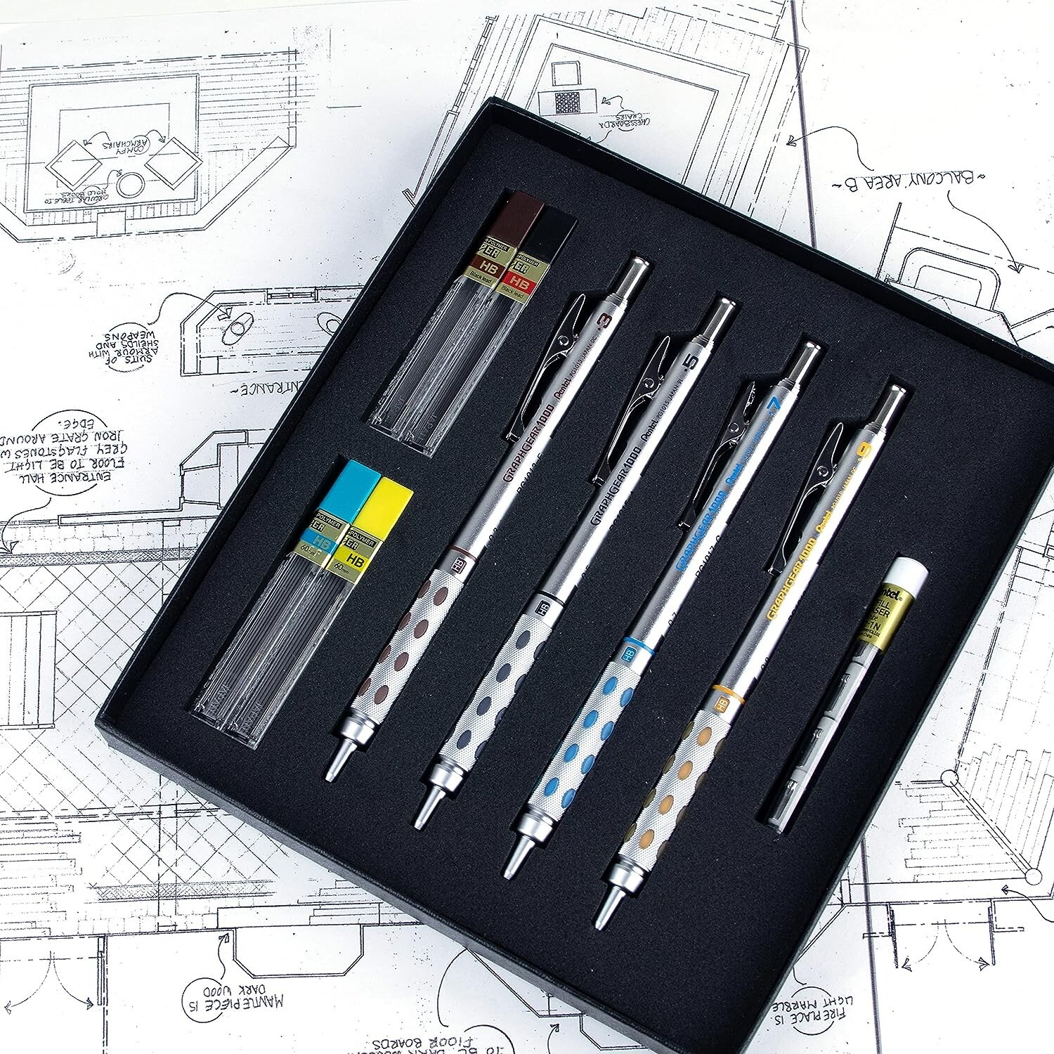 Pentel GRAPHGEAR 1000 Premium Pencils Gift Set with Refill Leads & Erasers