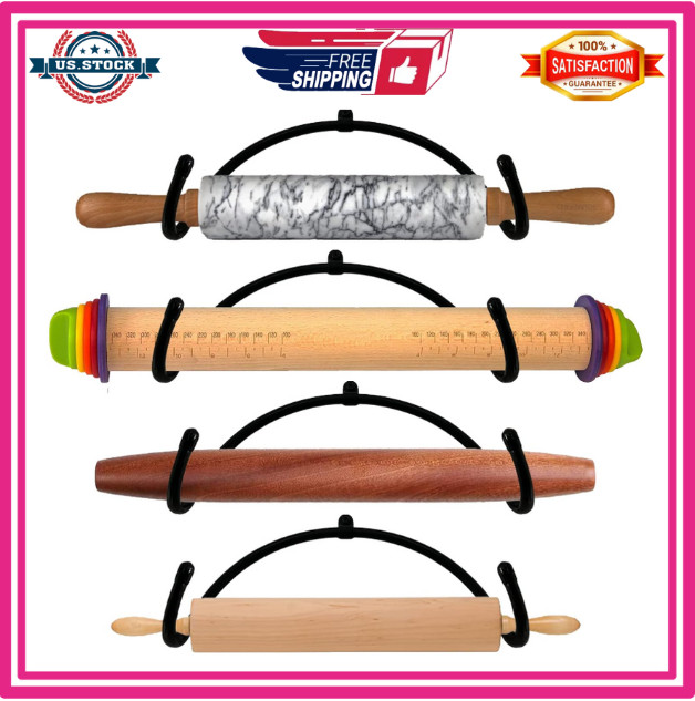 4 Pack Rolling Pin Holder Wall Mount Rack Kitchen Storage Organizer Hooks