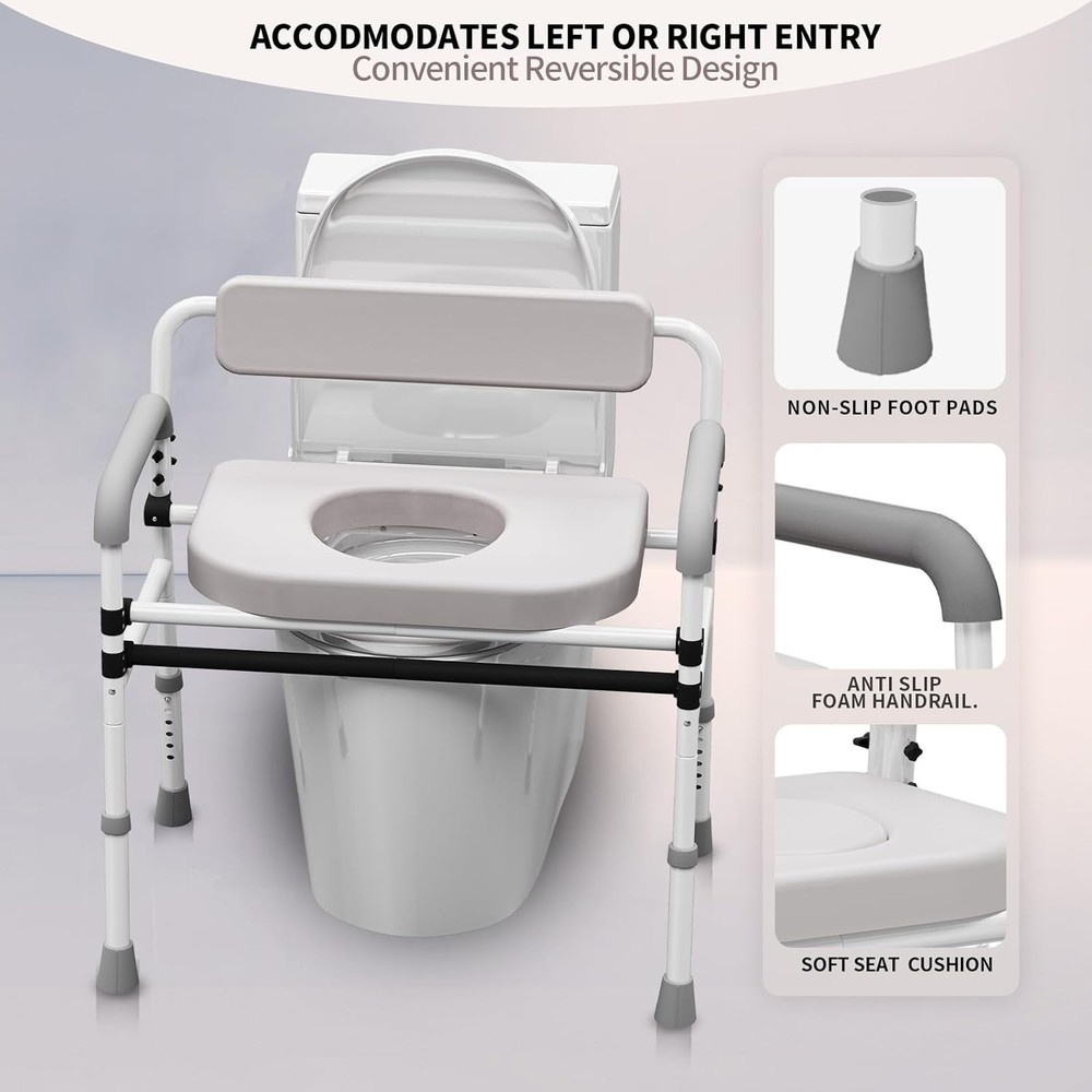 Adjustable Medical Bedside Commode Chair with Padded Backrest, Drop Arm Support