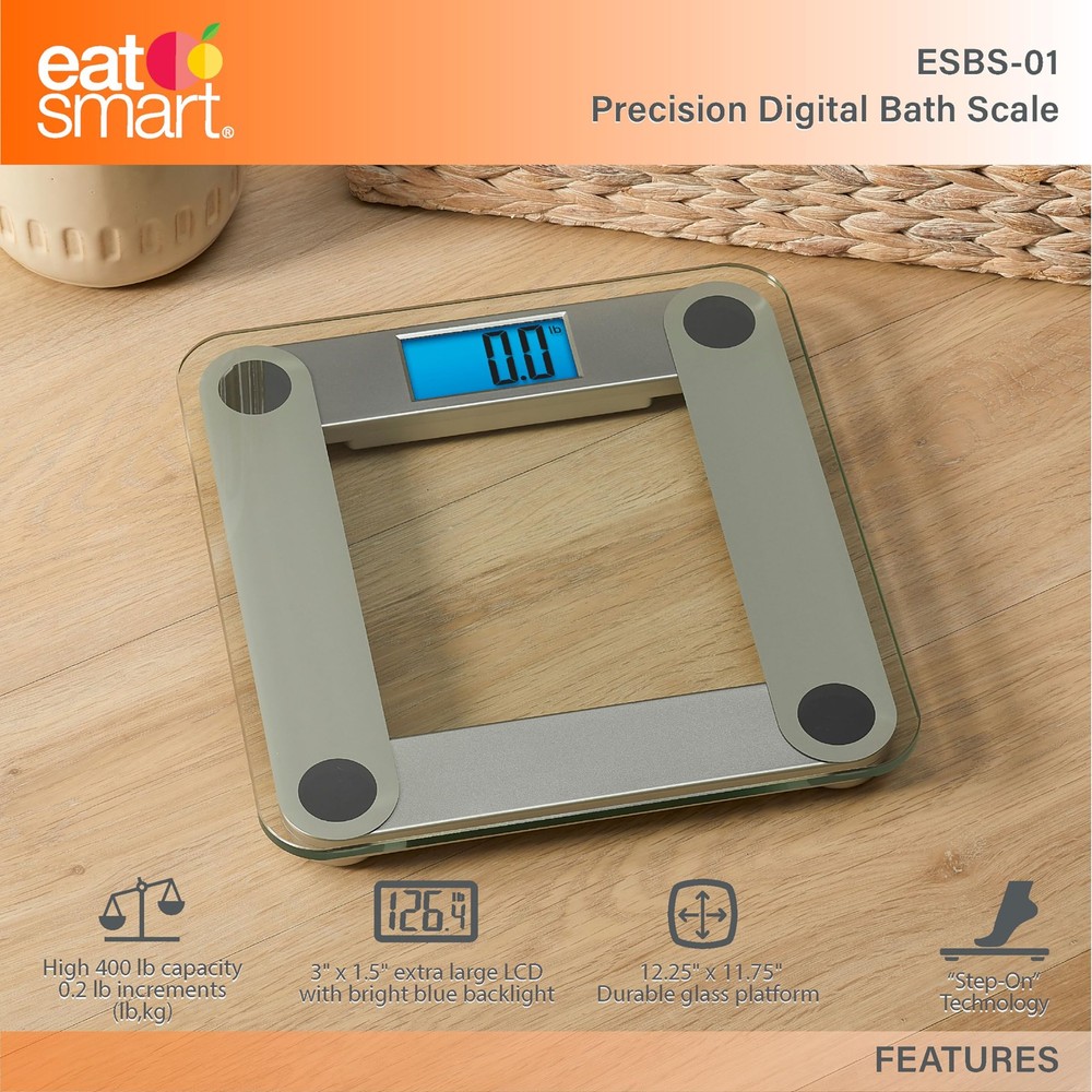 EatSmart Digital Bathroom Scale, Large Backlit LCD, Weight Tracking, Tape, Grey