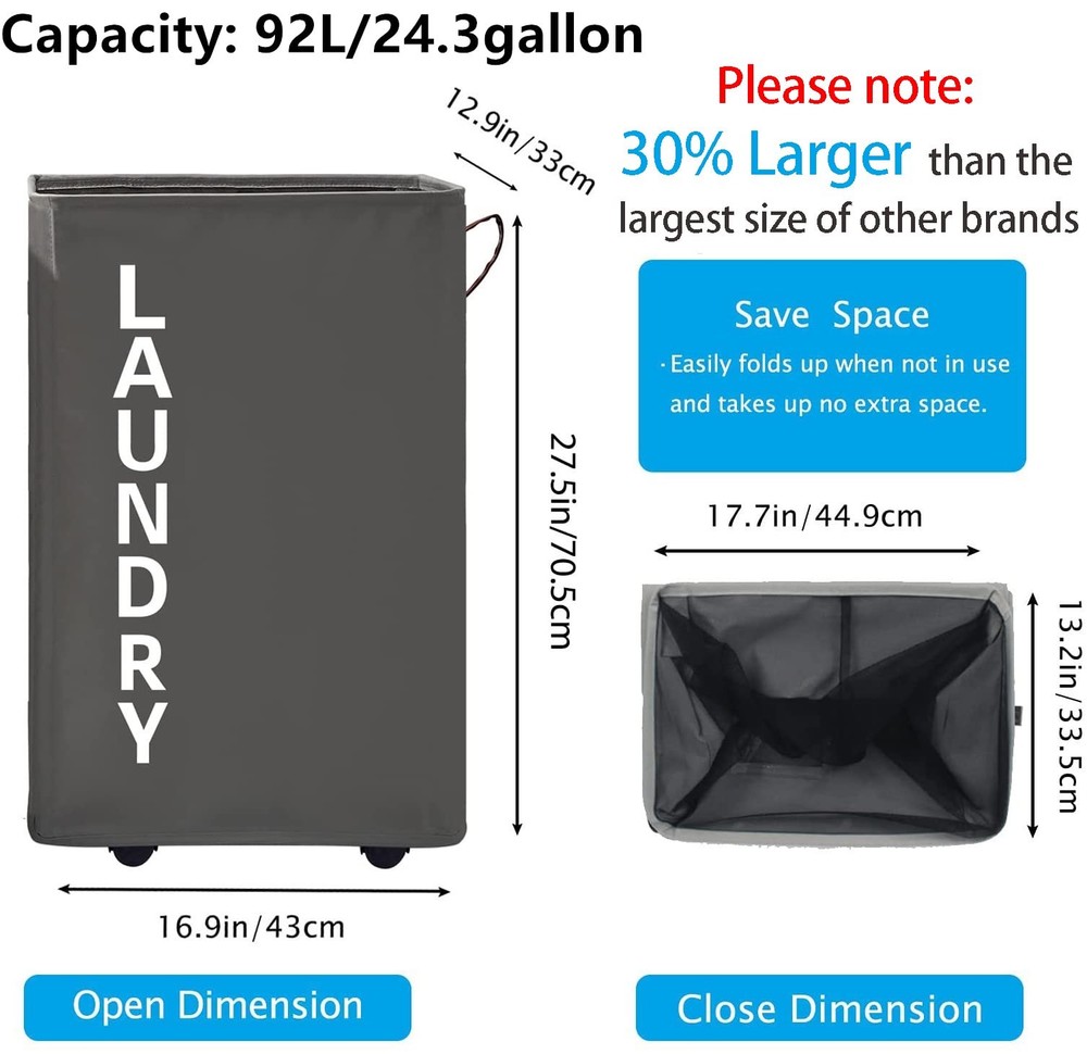 92L Grey Extra Large Standable Rolling Laundry Hamper Basket Wheels Leather
