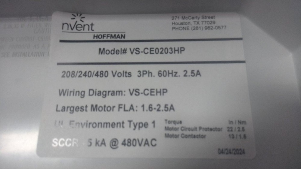 Hoffman VS-CE0203HP 600VAC Maximum Voltage Rating IEC Combination Starter