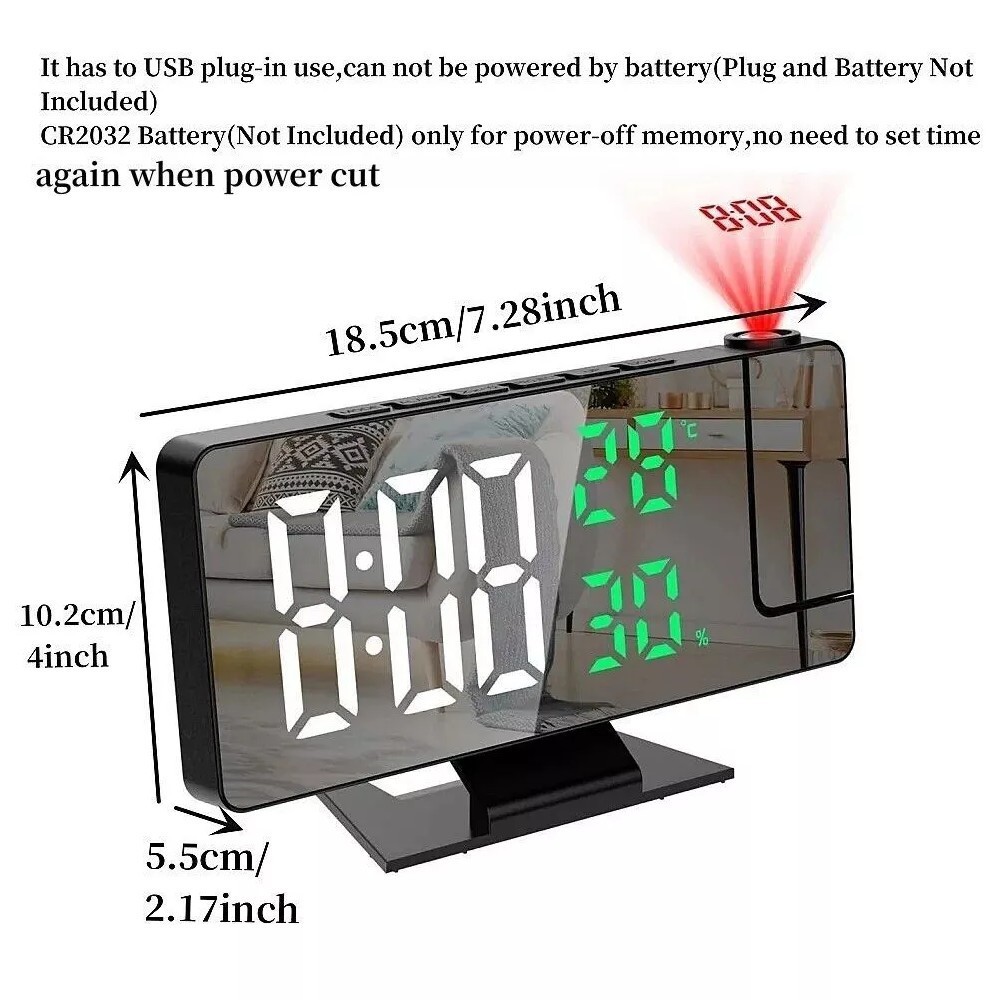 2X LED Digital Projection Alarm Clock with 180° Projector Multifunctional Clock