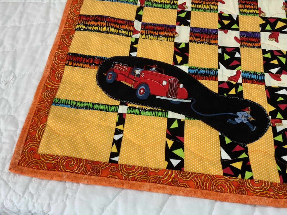 Patchwork Quilt Wall Hanging, Rectangles, Contemporary Prints, Fire Trucks