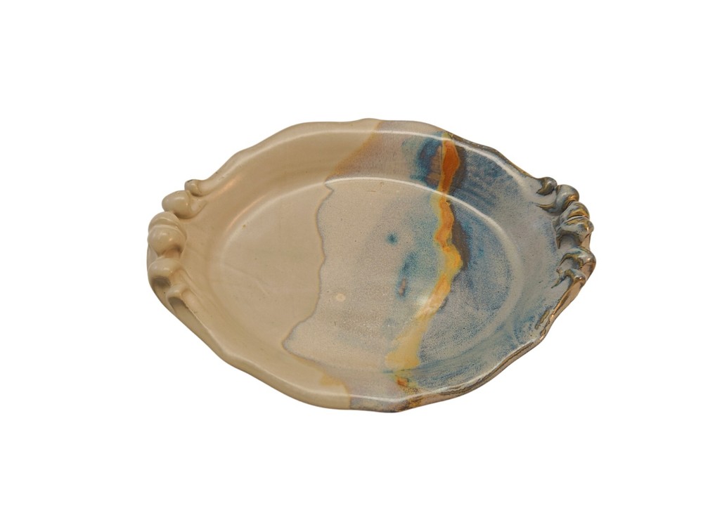 Studio Art Pottery Drip Glaze Tray Serving Dish  Blue Cream Signed