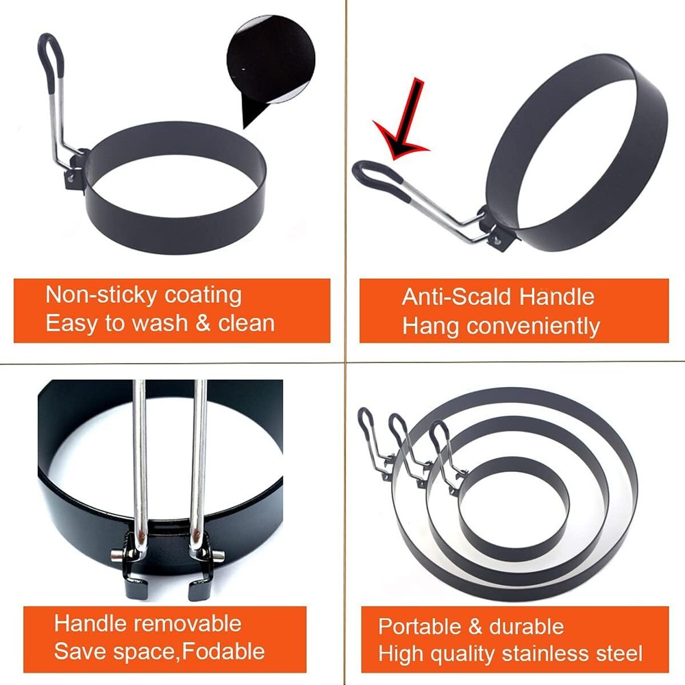 8" Omelette Ring,6" Pancake Ring,4" Griddle Egg Ring,Non-stick Stainless Steel