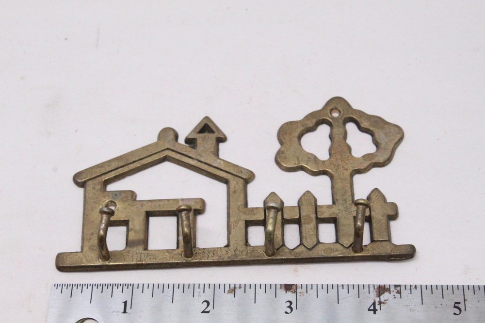 Vintage Small Brass Key Hook Holder 4 Hooks House With Tree