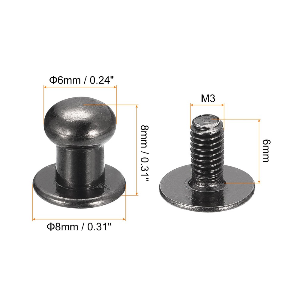 20Pack 6mm Ball Head Stud Rivets Screw Back Round Head Button Metallic Black