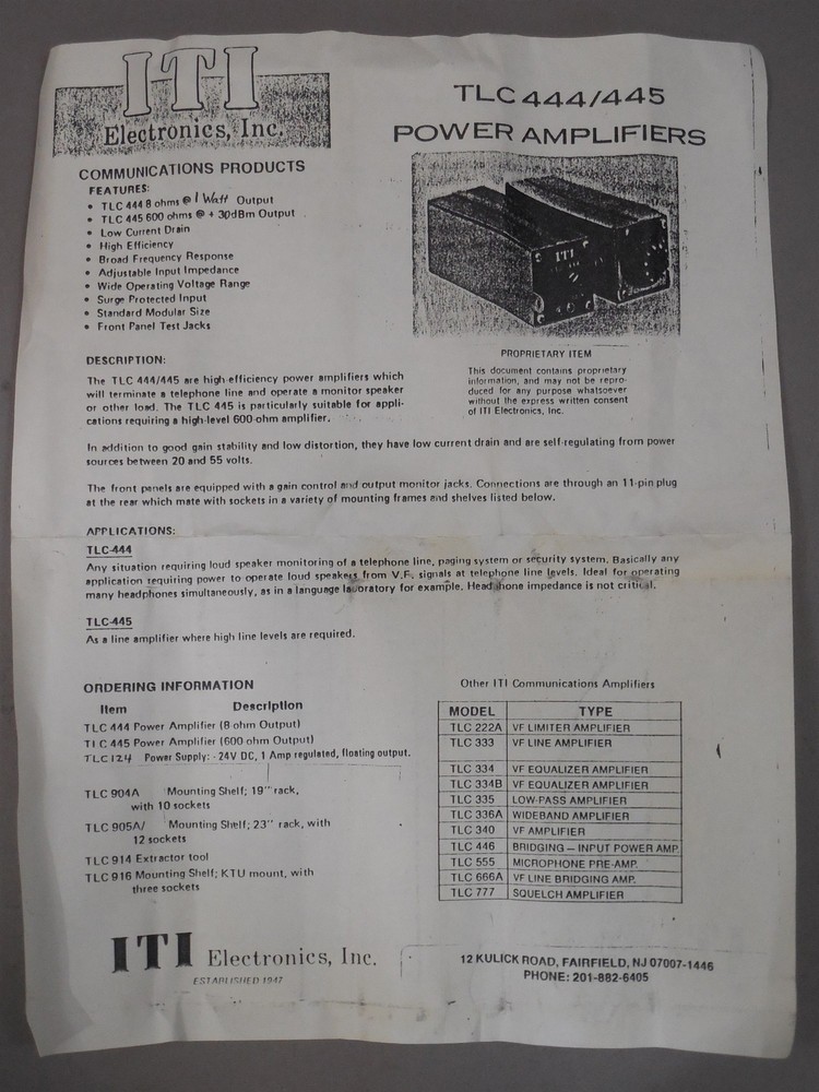 ITI Electronics TLC 444 Variable Amplifier NSN: 5830-00-140-1489