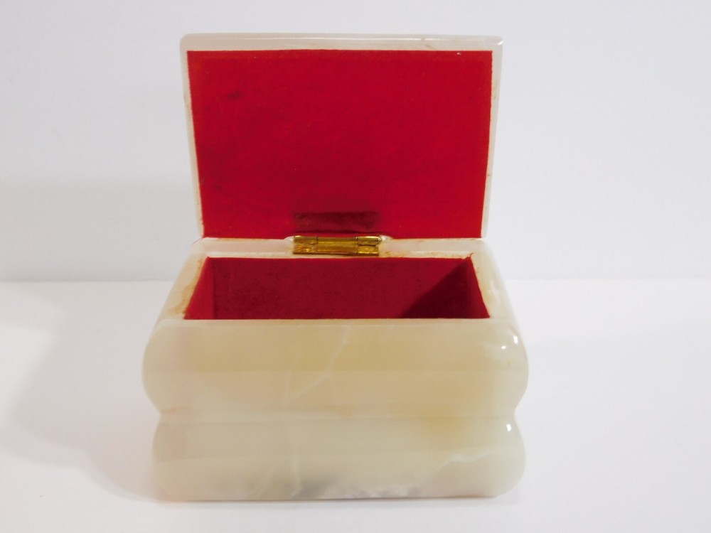 Alabaster Carved Rectangular Box Natural Stone 4" by 3" Hinged Velvet Lined