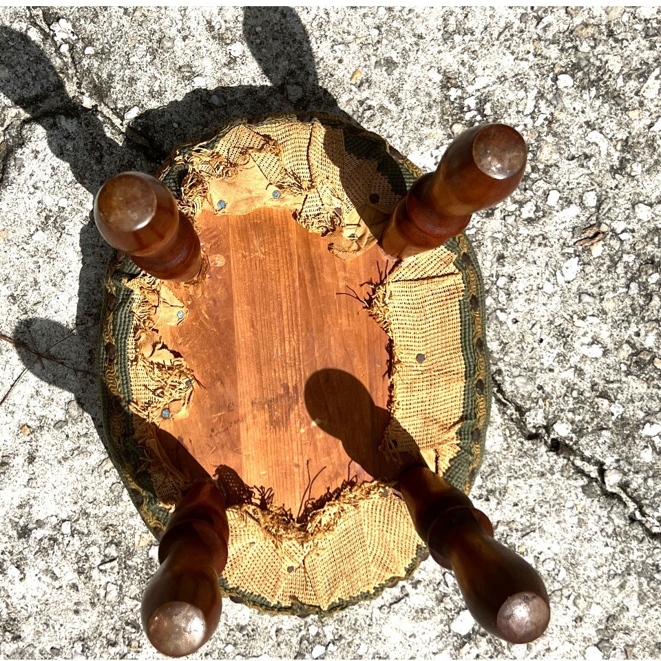 Vintage Needlepoint Footstool Floral Embroidery Wood Legs Oval Small Stool Read