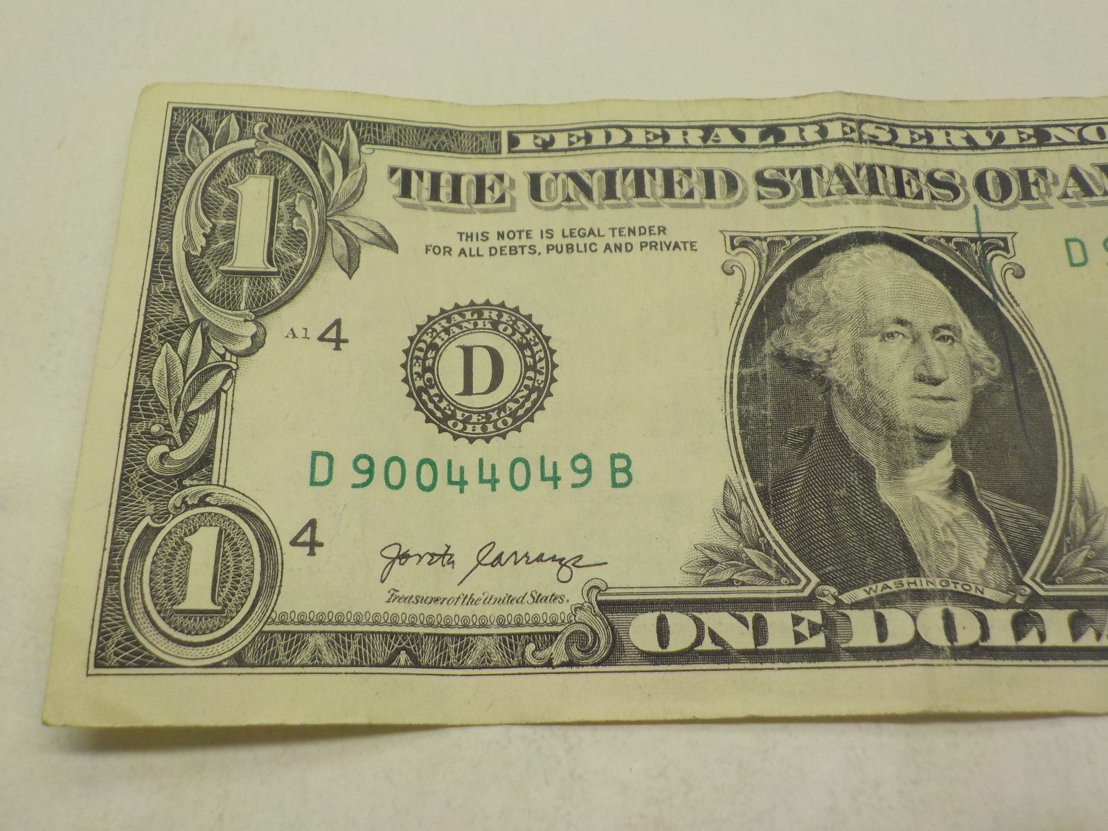TRINARY GREEN INK DRIP ERROR D90044049B $1 ONE DOLLAR BILL FANCY SERIAL NUMBER