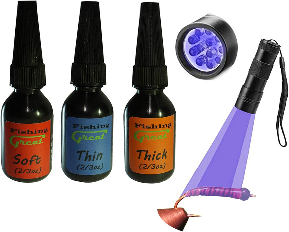 Fly Tying UV Clear Glue and Power Light Combo Three Bottles Thick Thin and Soft