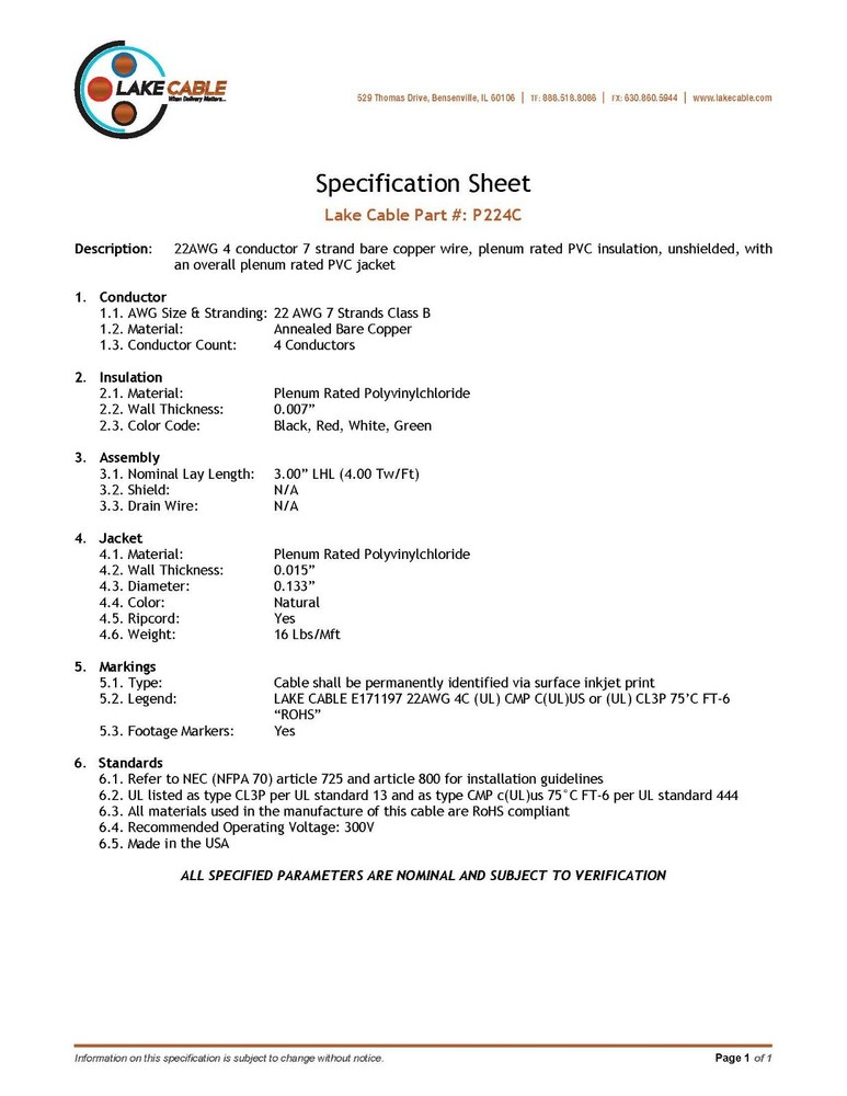 Lake Cable P224C 22/4C Plenum Control/Communications Cable CMP White /100ft