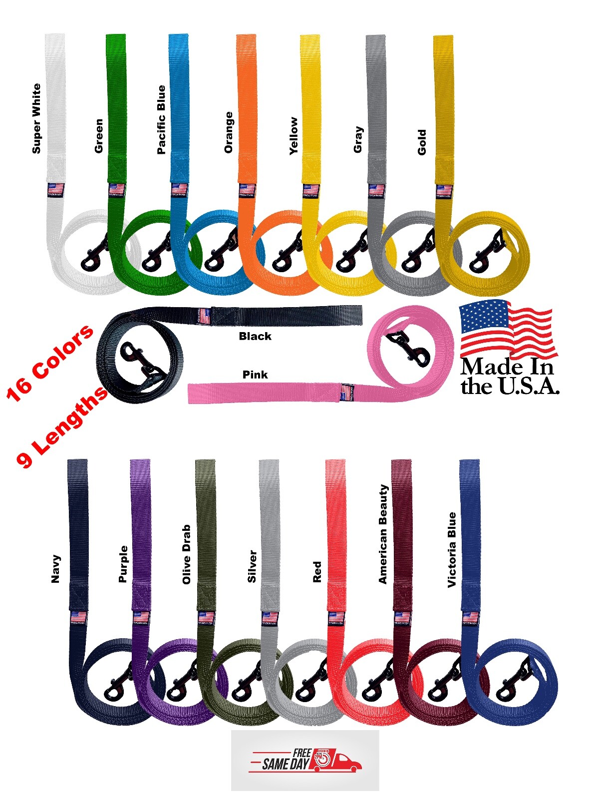 Dog Leash Short Long Lead Obedience Training 1" Many Colors/Lengths MADE IN USA