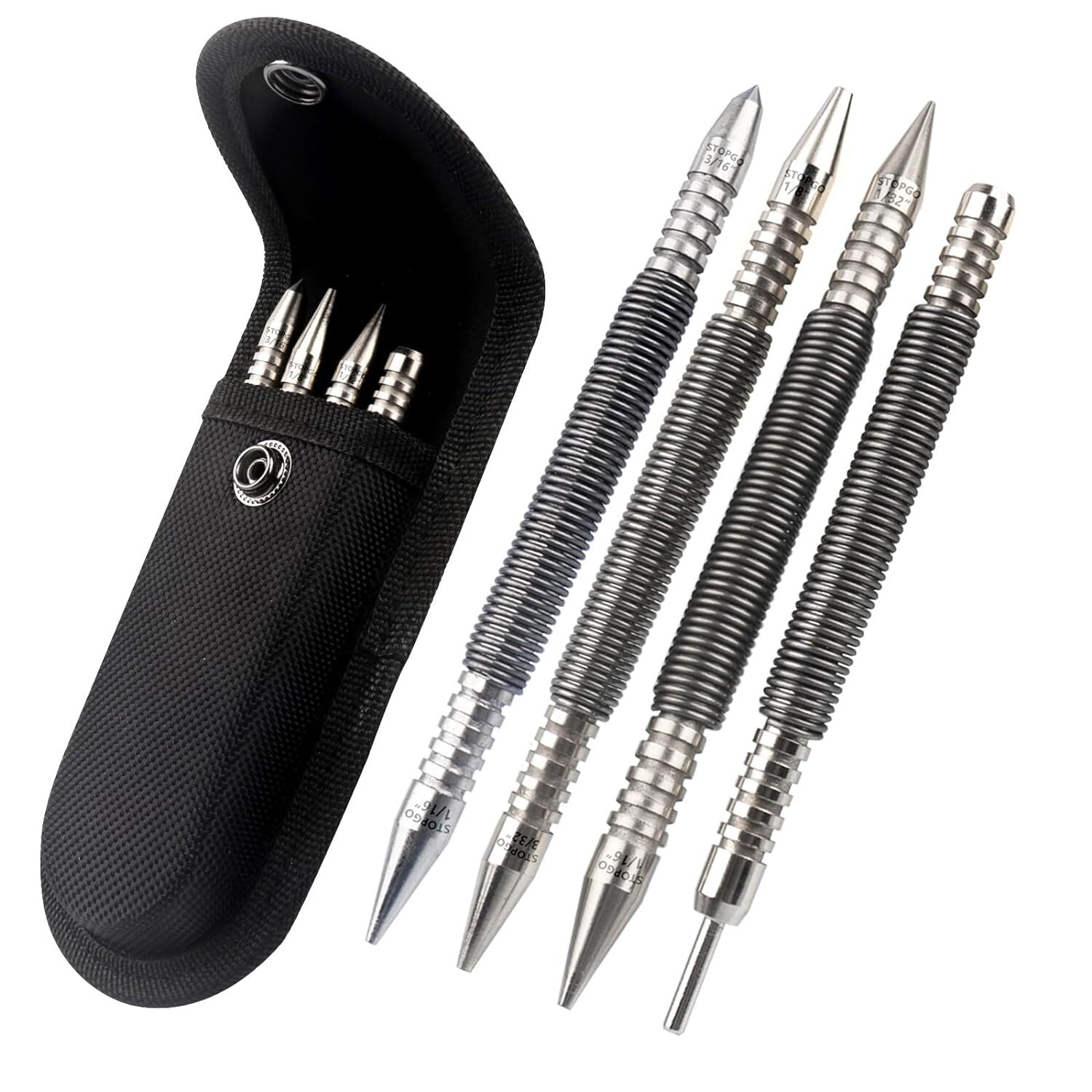 4Pcs Spring Loaded Nail Set Tool, Hammerless Center Punch for Trim Carpentry