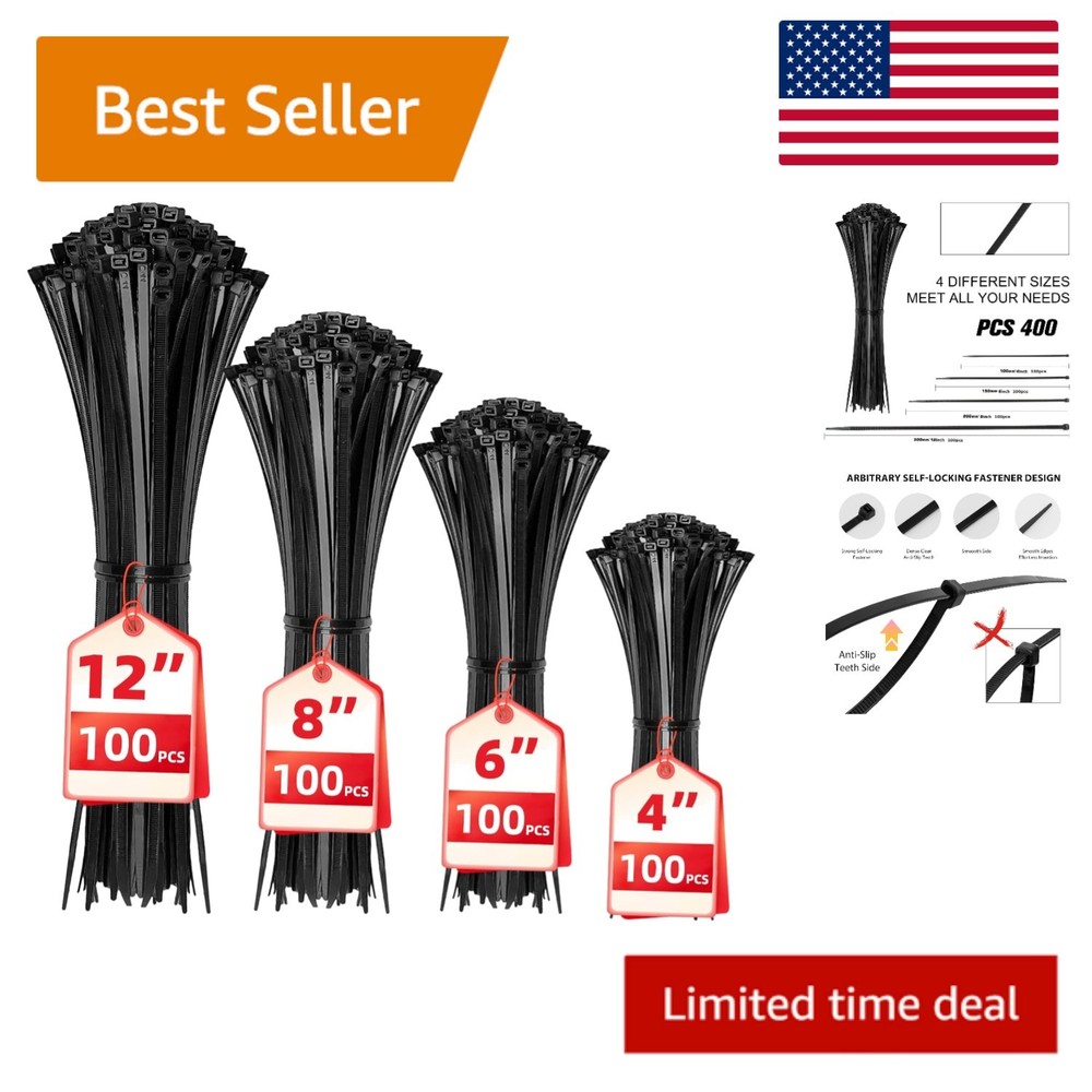 400-Pack Black Self-Locking Zip Ties - Assorted Sizes for Versatile Organization