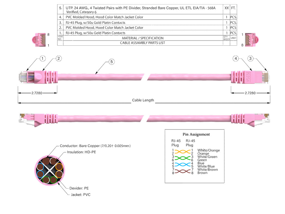14ft Cat6 UTP Ethernet Network Patch Cable Snagless 24AWG Bare Copper, Pink