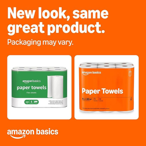 Amazon Basics 2-Ply Flex-Sheets Paper Towels, 12 Basics Rolls = 40 Regular Rolls