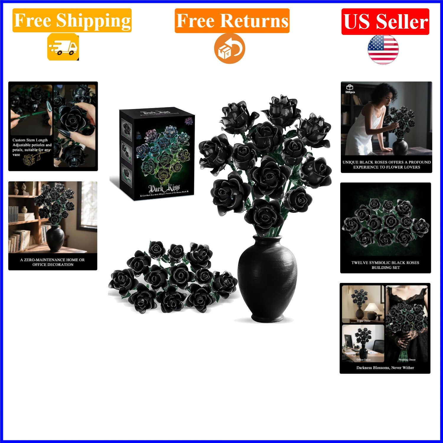 Black Roses Bouquet Building Set, 585 pcs, Gothic Home Decor, Adult