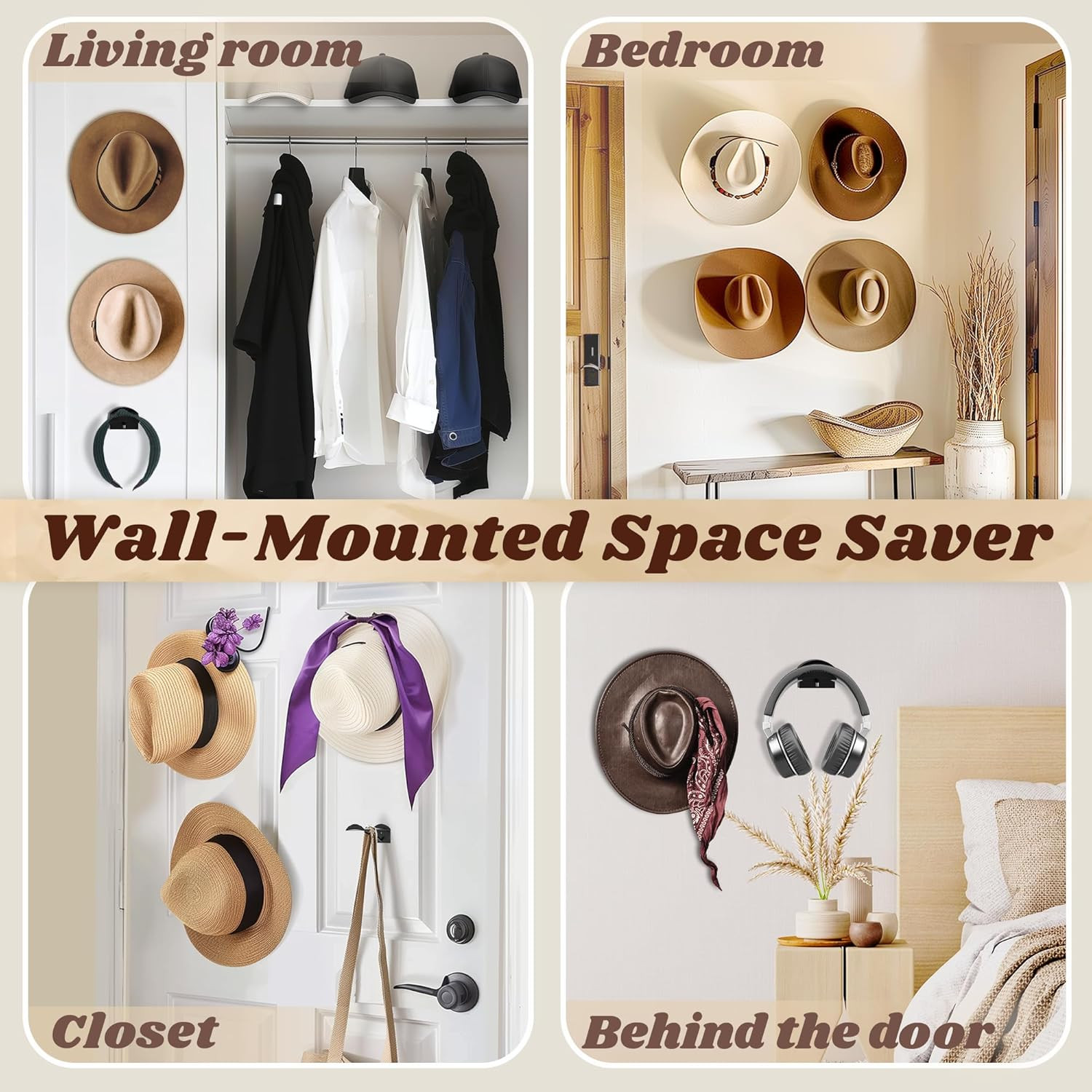 2.9Inch Hat Hooks for Wall - (8 Pack) Cowboy Hat Rack,Suitablesun Hats, Fedora,