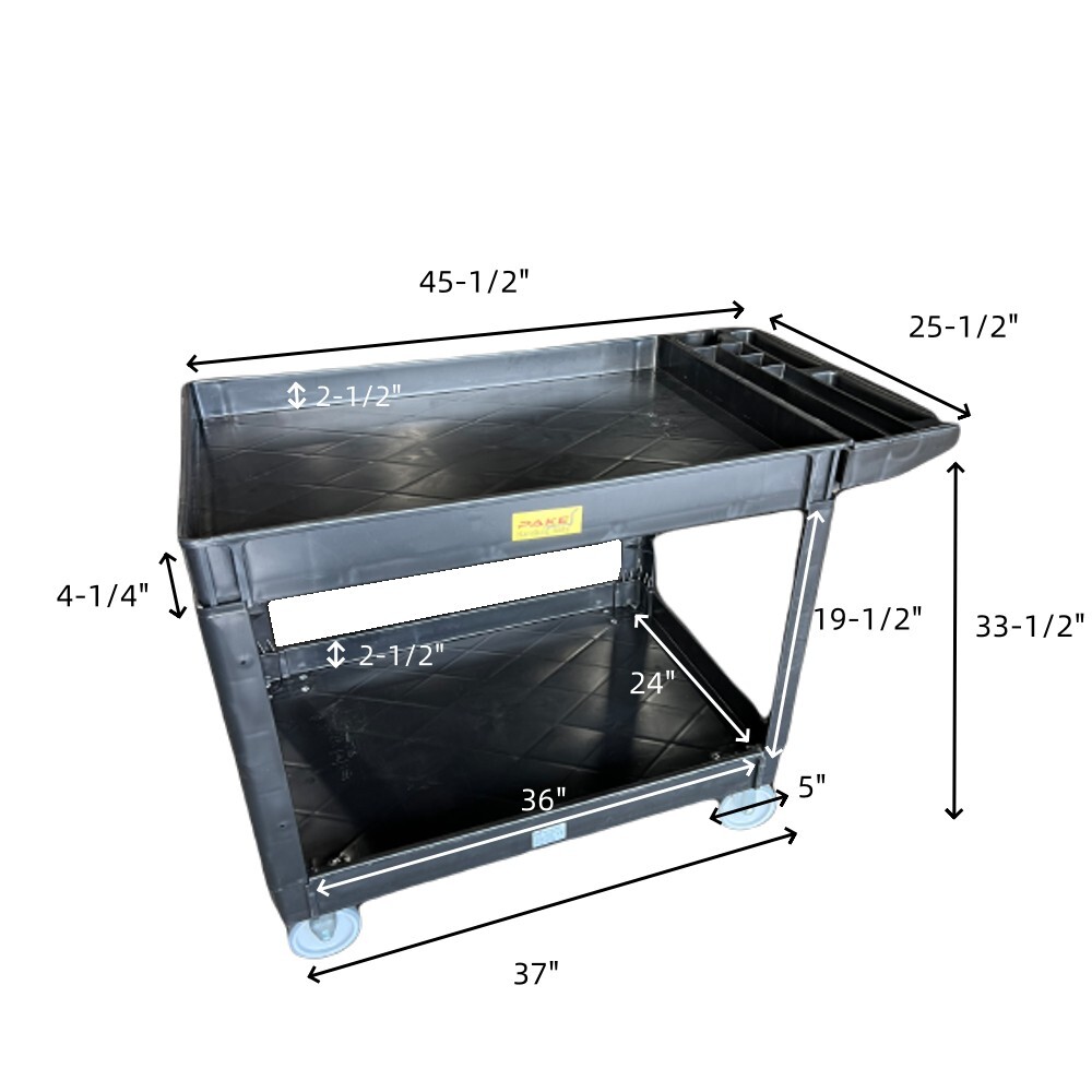 Plastic Utility Cart, 45-1/2" L x 25-1/2" W with Handle 2 Shelves, 550lb Cap