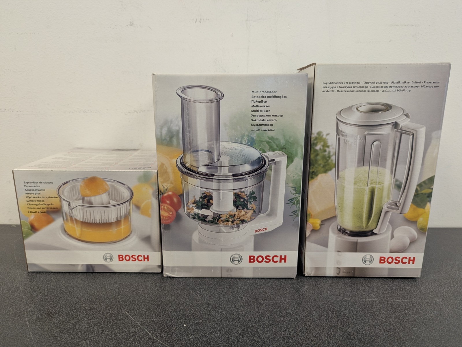 Bosch 3pc Bundle, Universal Mixer, Plastic Mixer Attachment, Citrus Press, New