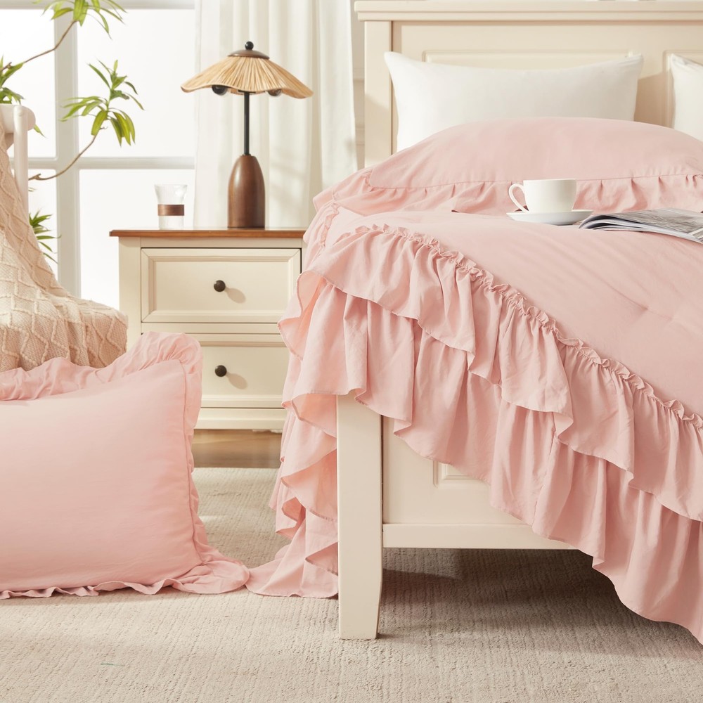 Andency Oversized Queen Ruffle Comforter Set, Queen(98"x98"), Blush