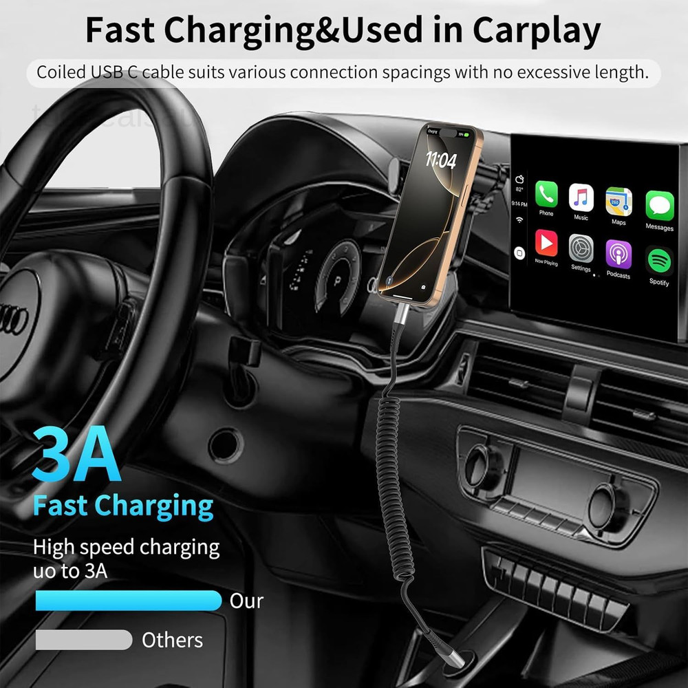 Coiled USB C Cable 2 Pack, 3ft USB to USB-C Cable for Car, Android Auto Coiled..